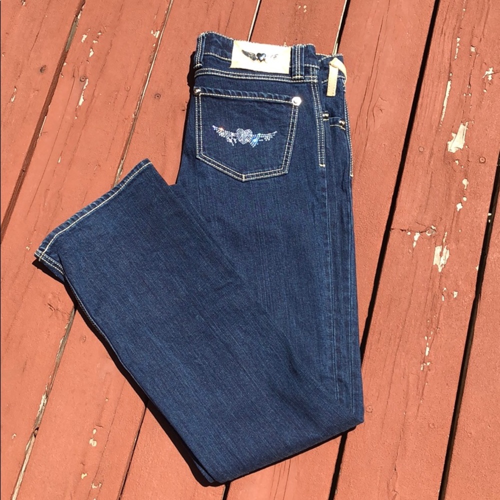 TWISTED HEART RHINESTONE POCKET JEANS, SIZE 30